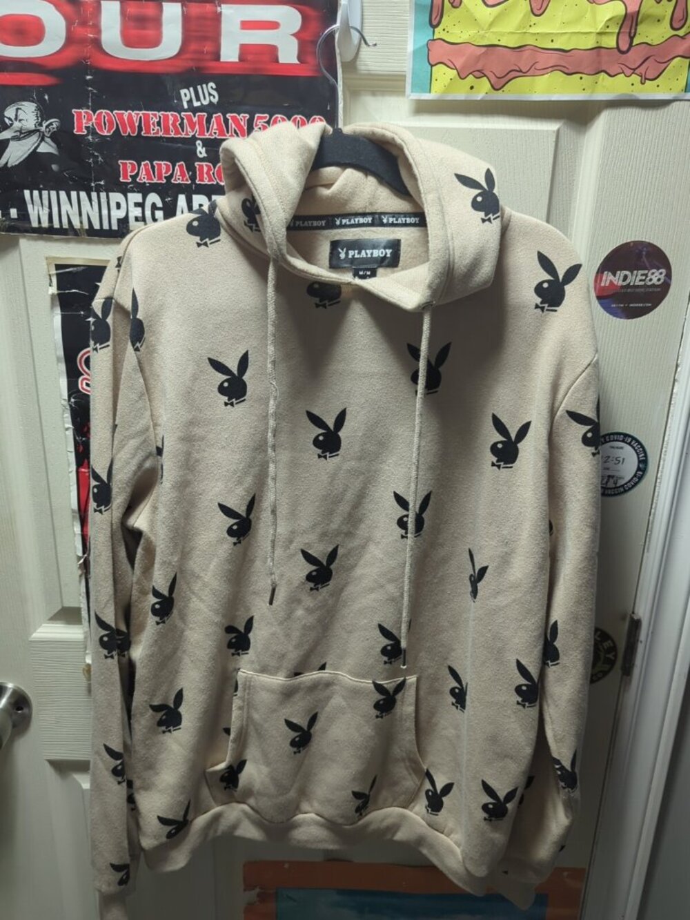 Playboy Pullover Hoodie Sweatshirt Medium Tan Bunny All Over Print Oversized